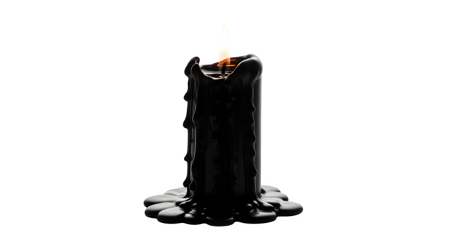 A black candle with dripping wax and a burning flame, creating a dramatic effect  isolated on transparent background