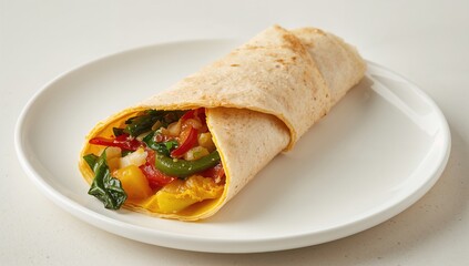 Vegetarian breakfast wrap featuring an omelette and assorted vegetables in a tortilla, protein-rich meal