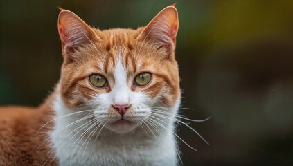 Fototapeta premium Close-up of an orange and white cat, showcasing its features, focus on the subject's expression