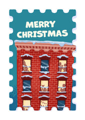 Vintage Christmas greetings stamp with a building in the city