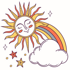 Whimsical Sun Face with Rainbow, Cloud, and Stars celestial