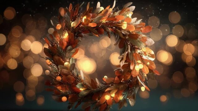 A circular autumn wreath made of brown and copper leaves with warm lights, set against a soft bokeh background.