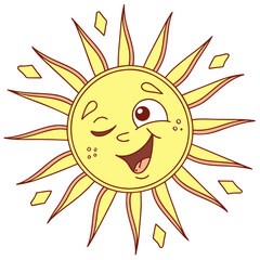 Winking Cartoon Sun with Diamond Shapes on White Background vector illustration