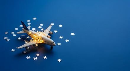 Airplane model with fairy lights surrounded by snowflakes on blue background  
