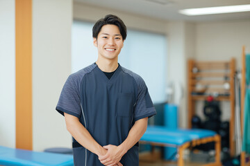 理学療法室で笑顔で立つ男性理学療法士（医療、リハビリ、専門職） / Male physical therapist standing and smiling in a therapy room (Medical, rehabilitation, professional)