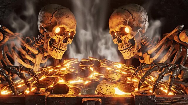 Two undead skeletons guard glowing cursed treasure chest full of pirate gold coins.