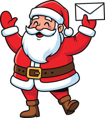 Santa Claus cartoon illustration—joyful pose with envelope and festive outfit for Christmas greeting, celebration, and holiday visuals