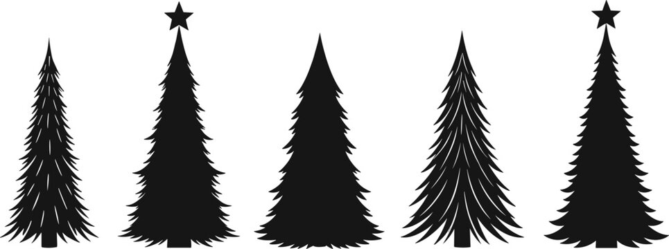 Stylized evergreen tree silhouette illustration&mdash;five artistic black designs with stars and branching variations for Christmas and nature visuals