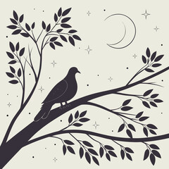 Bird on Tree Branch Under Crescent Moon and Stars silhouette leaves