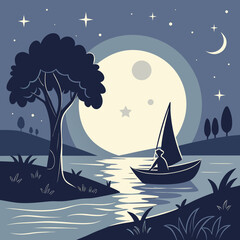 Nighttime Sailboat Scene with Large Moon and Starry Sky stars