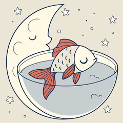 Fish Resting in a Bowl Next to a Sleeping Moon Face water