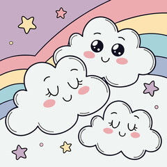 Cute Clouds and Rainbow with Happy Faces on a Pastel Background illustration