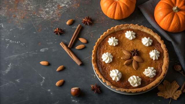 Delicious pumpkin pie with whipped cream and autumn decorations