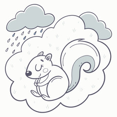 Cute Squirrel Sleeping Under Rainy Clouds vector inside