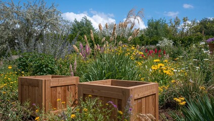 Fototapeta premium Newly crafted cedar planters for planting flowers, enhancing garden aesthetics