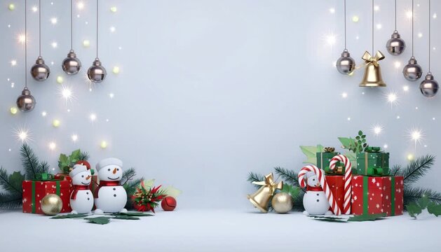 Christmas frame with snowman, gifts, bells, candy canes, leaves, and shining lights on a transparent background for easy editing.