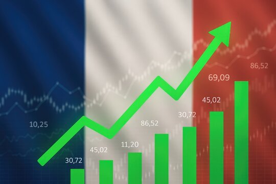 French economy growth chart with rising green arrow and financial data analytics trends