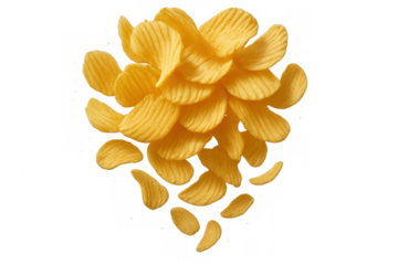 Ruffled potato chips falling or floating, crunchy salty snack food, delicious fried crisps on transparent background