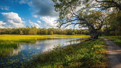Obraz premium Swamp landscape with summer pond, showcasing natural beauty and seasonal change