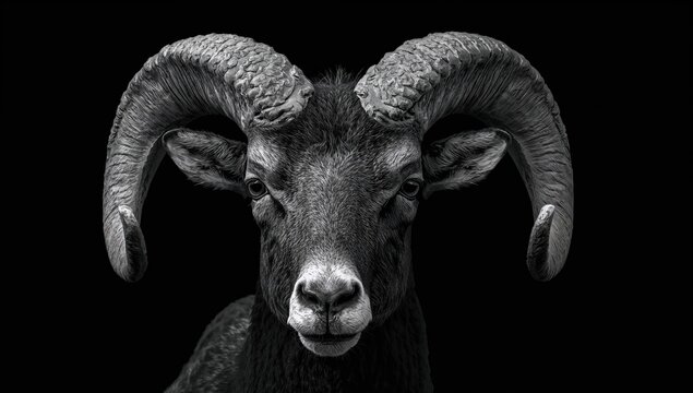 Close-up view of a wild ram's head and large horns against a black background