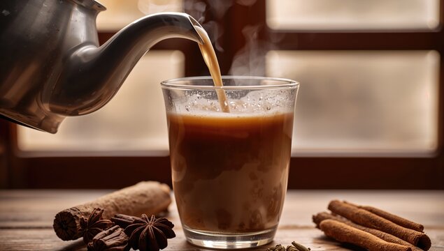 Masala tea with cinnamon, milk, anise stars, sugar, and cardamom served from a teapot, fiber-dense choice. - Powered by Adobe