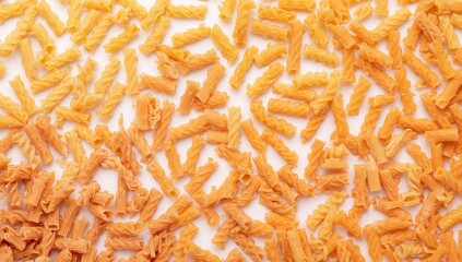 Assorted varieties of pasta on a white surface, suitable for menu design, culinary use