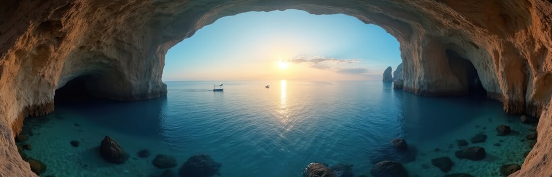 Cave entrance opens to calm sea at sunrise. Boats sail on blue water. Sunlight reflects on ocean surface. Rocky cliffs frame tropical ocean view. - Powered by Adobe