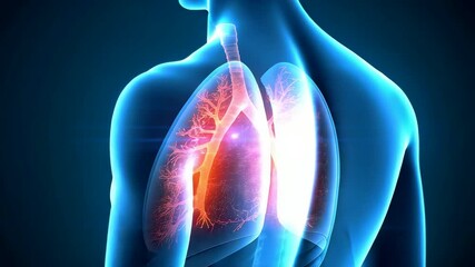 Glowing Human Lungs and Bronchial Tree in Transparent Blue Body with Red Highlights - Powered by Adobe