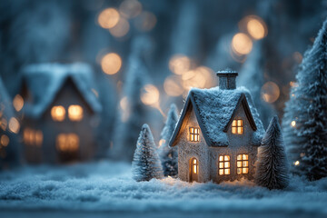 雪景色の中に佇む光るミニチュアの家とクリスマスツリー（冬のホリデー、ファンタジーの夜） / Glowing miniature house and Christmas trees in a snowy landscape (Winter holiday, fantasy night)