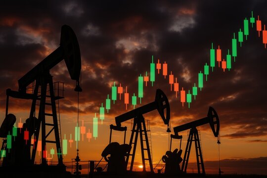 Oil rig pumps silhouette against dramatic sunset with stock market graph, crude oil prices