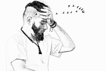 Fine art portrait of adult male with hand on head in psychological distress with surreal birds suggesting inner conflict. Surreal psychological distress portrait
