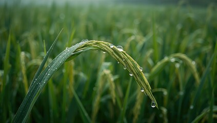 Obraz premium Morning dew resting on rice blades, highlighting the freshness of growth, seasonal change
