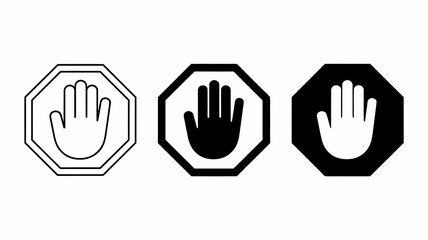Stop hand sign icon set in various styles representing prohibition, warning, and denial, isolated on white background
