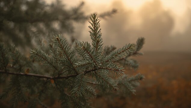 Close-up view of young fir branches surrounded by forest, showcasing seasonal growth