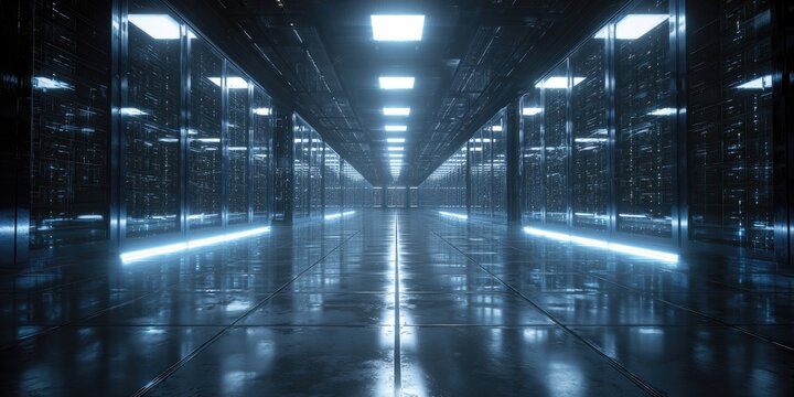 Futuristic server room, illuminated by blue neon