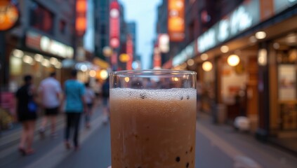Obraz premium Pearl milk tea with bubbles in a vibrant setting, a fiber-dense choice
