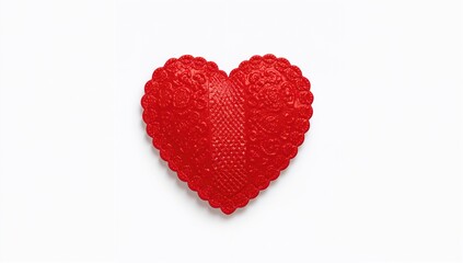Red heart crafted from fabric on a white backdrop, symbolizing love or affection