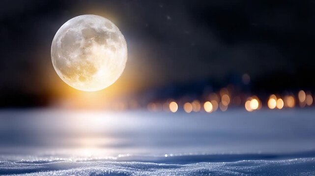 Majestic Moonlit Landscape: A serene winter scene is dominated by a radiant full moon, casting a soft glow over a snow-covered expanse, punctuated by twinkling lights in the distance. 