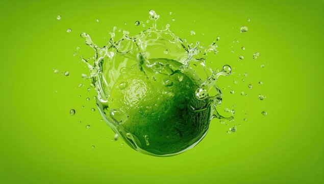 Fresh green lime splashing in water against a green backdrop, a vibrant visual for refreshing beverage ideas