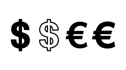 International currency symbols: solid and outlined dollar and euro signs representing global finance and economics.