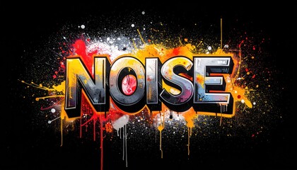 Graffiti Style Text NOISE Against Black Background With Colorful Splatter Effect And Abstract Paint Drips In Urban Art Style