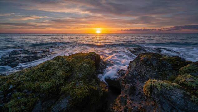 Lichen on rocky shore by the ocean, showcasing erosion risk