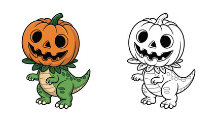 Cute Cartoon Dinosaur With Pumpkin Head And Outline Version Keywords: dinosaur, dino, halloween, pumpkin, jack o lantern, costume, character, cute, cartoon, drawing, illustration, graphic, design