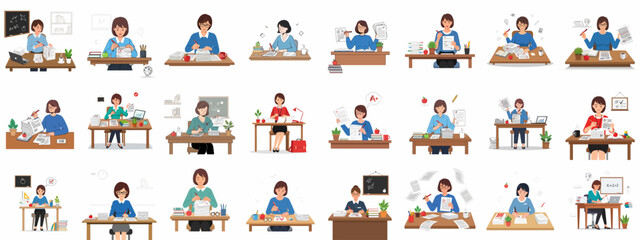 Obraz premium Vector bundle of female teachers grading exams and homework, busy working at their desks, representing the educational profession and heavy workload.