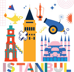 Istanbul culture travel set, famous architectures and specialties in flat design. Business travel and Memphis concept isolated on white background. Image for presentation, banner, website, app, advert