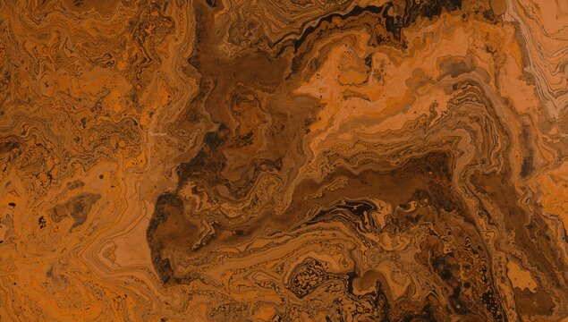 Smooth marble texture featuring an abstract pattern in orange, black, brown, and yellow, suitable for editorial header background