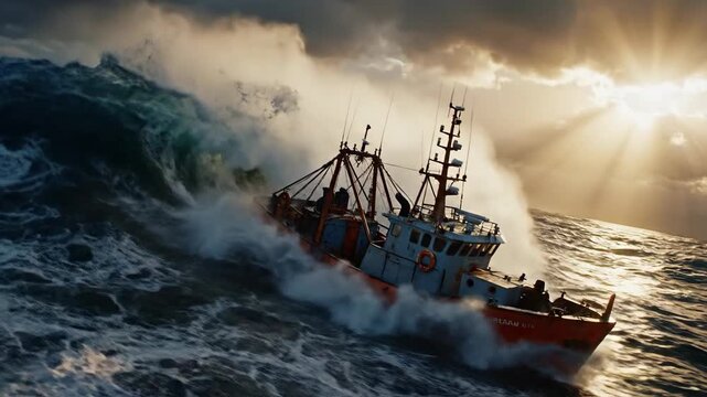 A fishing trawler fights epic rogue waves during a powerful violent ocean storm.