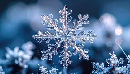 Intricate ice crystal snowflake macro photography with soft blue bokeh background and dramatic lighting highlighting delicate crystalline structures