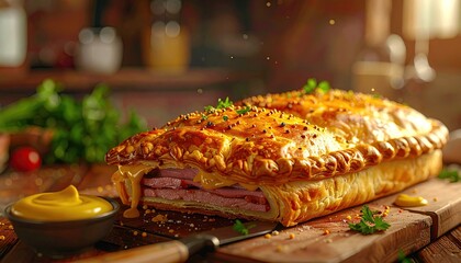 Golden brown baked pastry filled with thinly sliced ham and melted cheese seasoned with herbs and spices served with mustard on a rustic wooden board in a sunlit kitchen
