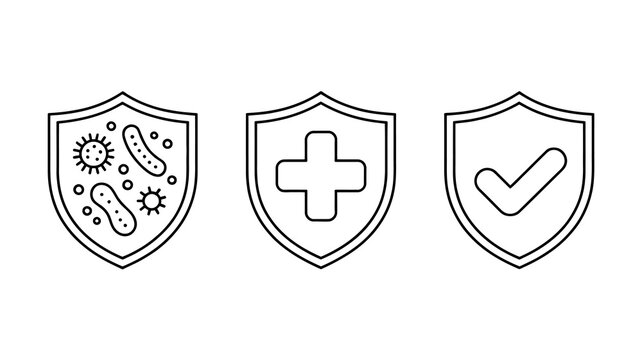 Immunity and health protection icons with germ shield, medical cross, and checkmark, symbolizing defense and safety.